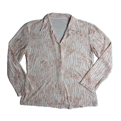 Vintage beige Y2K Mesh Blouse with Velvet Floral Print 