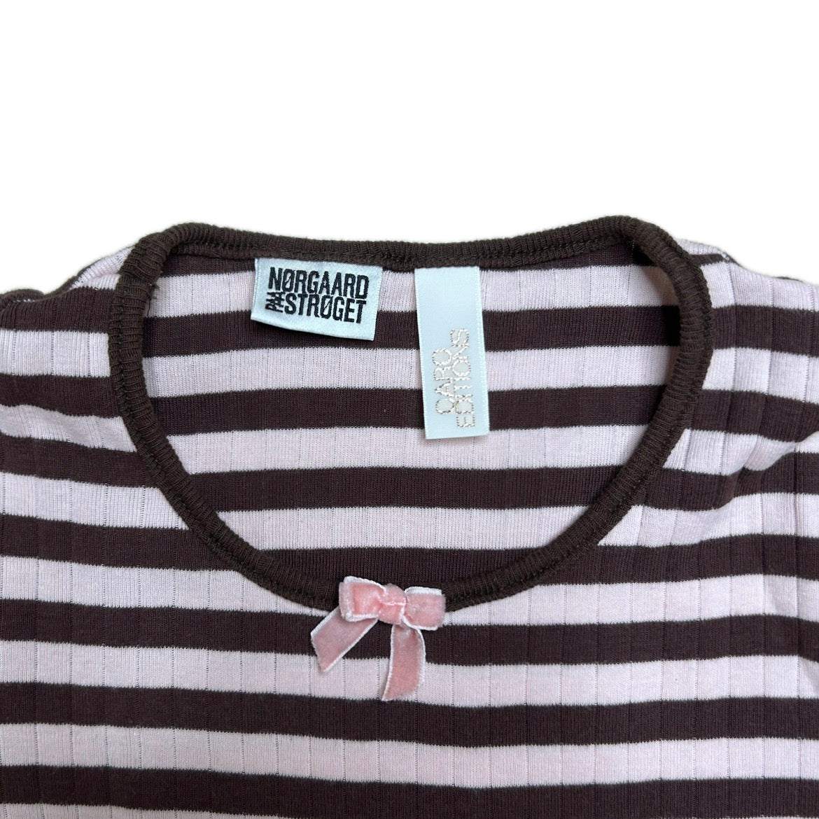 Secondhand light pink and brown striped cotton Mads Norgaard x Caro Editions Lomgsleeve with bow